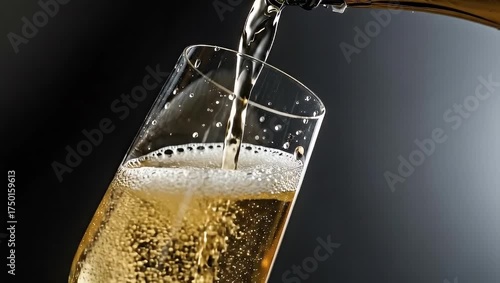 Champagne Being Poured Into A Flute Glass with Bubbles and Foam Against a Dark Gradient Background with Dramatic Lighting Creating a Celebratory Atmosphere