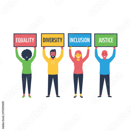 Diverse group of people holding signs with equality diversity inclusion and justice vector illustration for social justice and human rights concepts