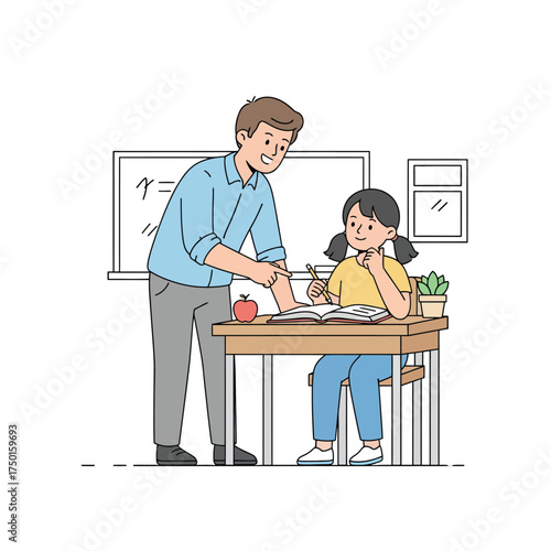 Teacher helping a student at her desk providing guidance and support in a classroom setting