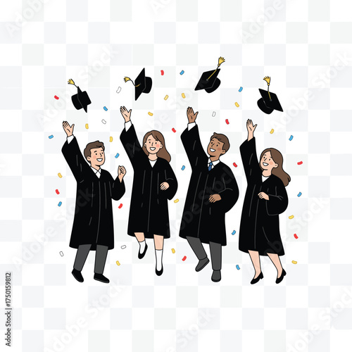 Graduating students celebrating with tossed caps a vector illustration of happy graduates in gowns perfect for graduation announcements and educational materials