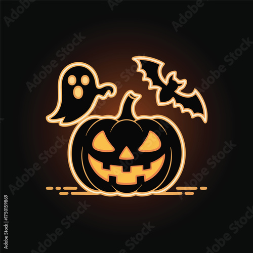 Halloween icon set glowing in neon orange on black background