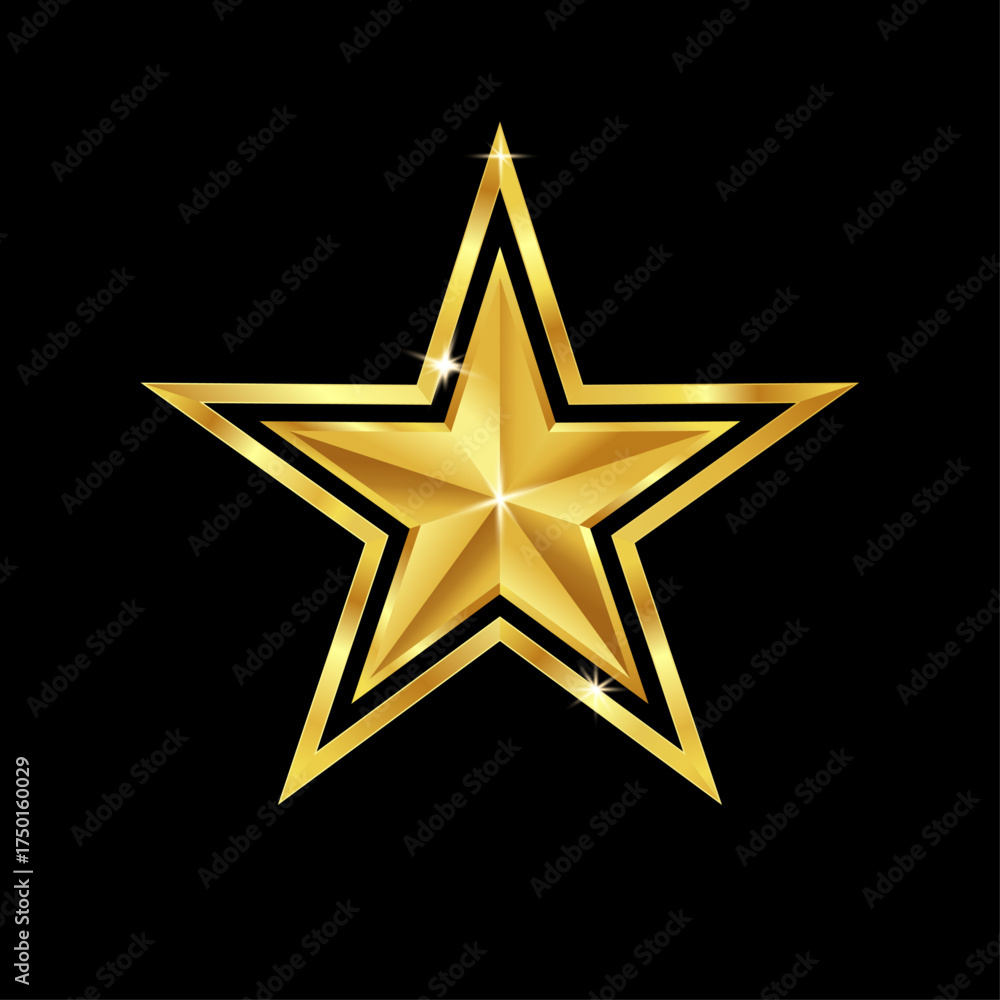 Obraz premium Gold star. Shiny golden star icon on a black background. Symbol of award, quality, and victory.