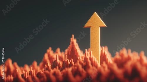Bold gold arrow rises from a mountain of financial bar graphs, symbolizing strong market performance, investment growth, and achievement