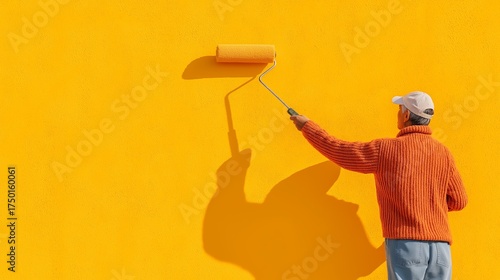 Painter with a roller applying bright yellow paint to a wall, seen from behind with a strong shadow, focusing on home improvement and renovation