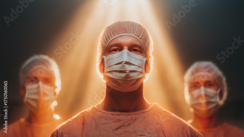 Surgeon and medical team in masks and caps in a dark operating room, dramatically lit by a spotlight, symbolizing healthcare and expertise