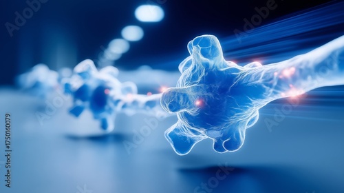 Microscopic 3D view of blue neurons firing, building rapid connections to form a neural network, symbolizing AI, thought, and communication