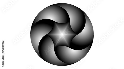 An abstract circular logo design with a black and metallic gray spiral pattern. The soft gradient effect and central light create a futuristic, elegant, and modern feel.