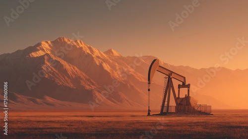 A lone oil pump jack silhouette extracts crude oil in a vast, arid field at sunset, framed by towering, sunlit mountains. A powerful image of global energy and industry