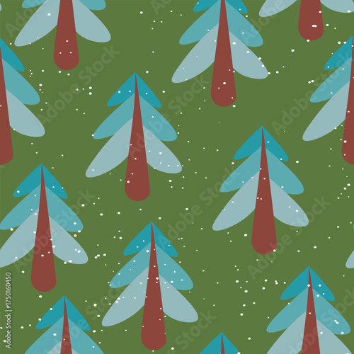 Winter seamless pattern with Christmas tree and snowflakes on color background. Vector illustration for fabric, textile wallpaper, posters, gift wrapping paper. Merry Christmas and New year Vector.