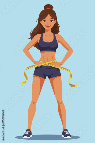 Young woman measure waist centimeter tape gym