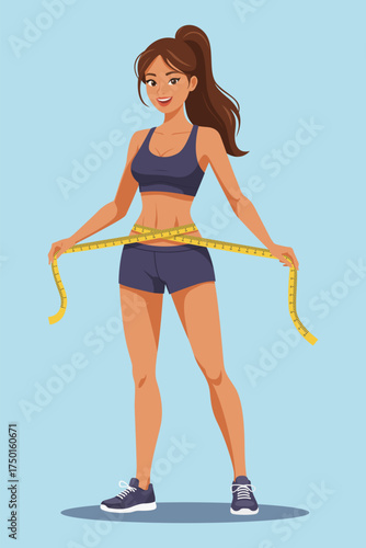 Young woman measure slim waist centimeter tape