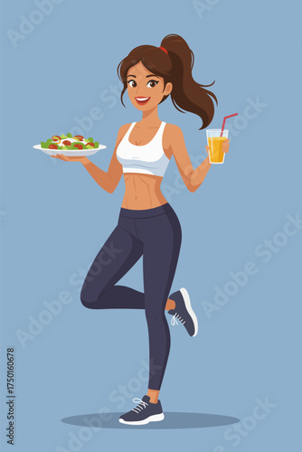 Fitness woman holding salad and healthy juice drink