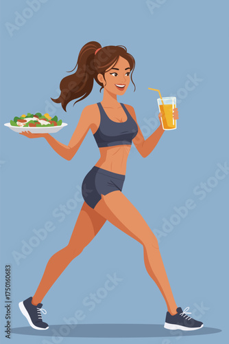 Fitness woman walking with salad plate and juice