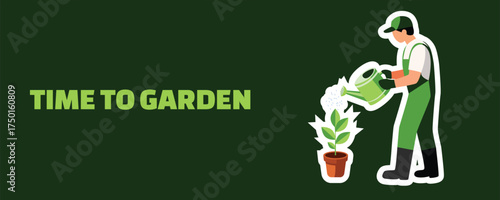 Gardening Time banner with gardener watering a potted flower, concept of plant care, eco lifestyle and outdoor gardening activity