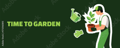 Gardening Time banner with gardener carrying a potted plant, spring gardening and planting season concept illustration