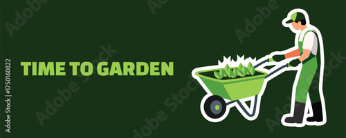 Gardening Time banner with gardener pushing a wheelbarrow full of green plants, concept of spring garden care and landscaping work