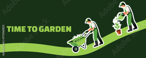 Team gardening banner — two gardeners working together, one carries a potted plant, the other pushes a wheelbarrow full of flowers, concept of teamwork and green lifestyle