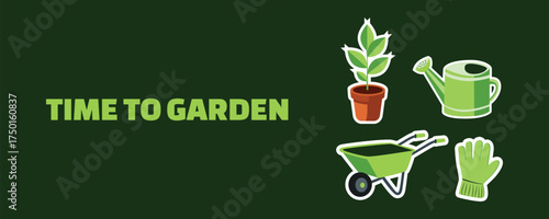 Spring gardening banner with essential garden tools — watering can, gloves, shovel, and wheelbarrow full of plants, concept of gardening hobby and outdoor work