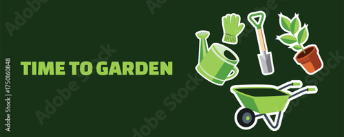 Gardening Time banner with tools and equipment — watering can, wheelbarrow, gloves, shovel, and blooming plants on a green background