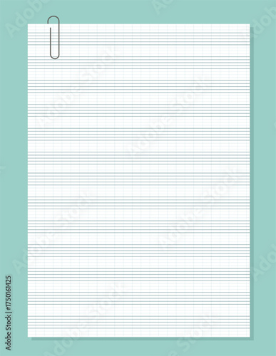Graph paper. Printable grid paper with stave on a white background. A blank music sheet paper with staff. Geometric pattern for composition, education, school. Realistic lined paper blank.