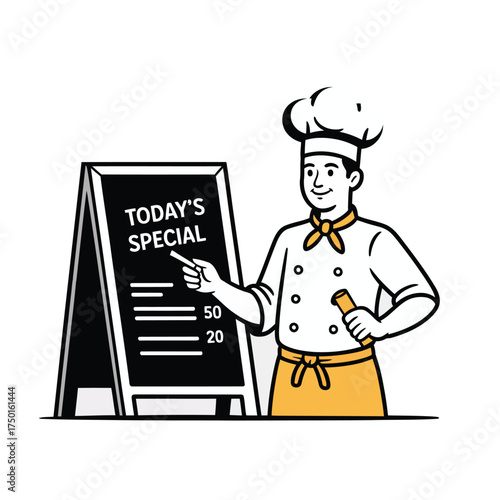 Cheerful chef in uniform pointing at a blackboard menu with today's specials and prices cook apron