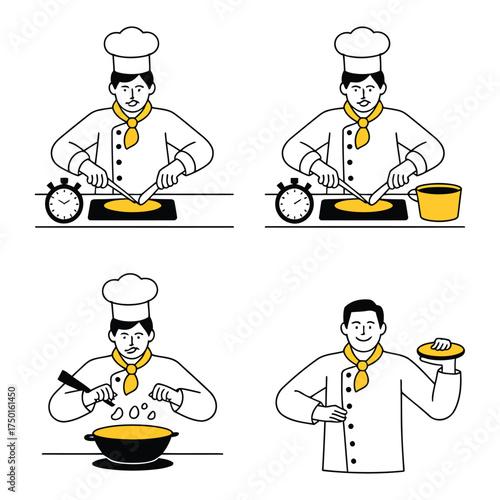 Chef cooking food in four steps showing preparation and serving with yellow accents vector