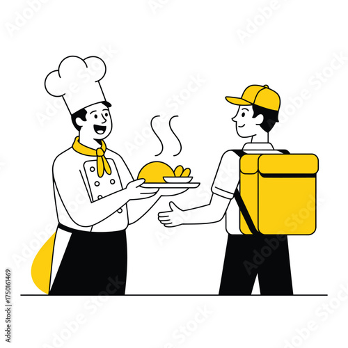 Chef handing hot food on platter to delivery person with yellow insulated bag meal