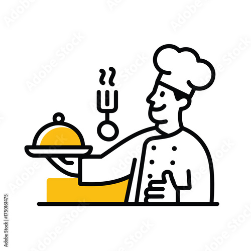Chef in uniform holding a covered dish with steam rising from a fork cook food