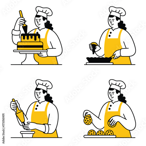 Chef in yellow apron decorating cake zesting lemon rolling dough and holding cookies cooking baking