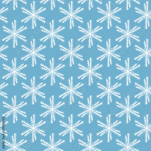 Winter seamless pattern with white snowflakes on blue background. Vector illustration for fabric, textile wallpaper, posters, gift wrapping paper. Christmas vector illustration.