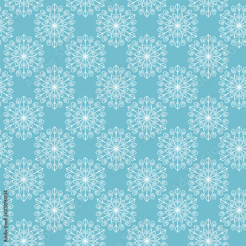 Winter seamless pattern with white snowflakes on blue background. Vector illustration for fabric, textile wallpaper, posters, gift wrapping paper. Christmas vector illustration.