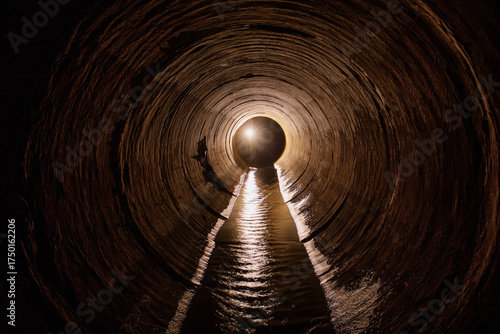 Inside dark round underground urban sewer tunnel