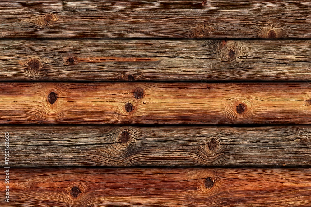 Fototapeta premium Weathered wooden planks display a rustic charm and natural textures in a warm, inviting setting