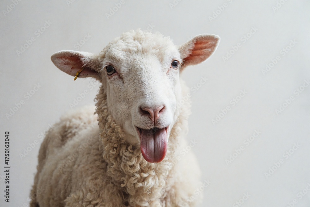 Fototapeta premium Funny white sheep sticking tongue out closeup portrait