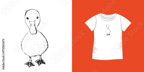 T-shirt with duck bird pattern. Women jersey, sport uniform kit, short fashion top, round neck blouse. Sketch Illustration. Template mock up.