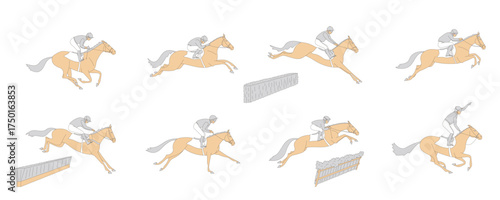 Steeplechase jockeys riding horses over jumps and galloping in various racing positions with obstacles 