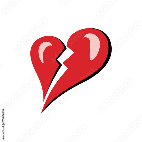Vibrant Cartoon Broken Heart Symbol with Highlights – Heartbreak, Pain, and Divorce Concept Vector Illustration