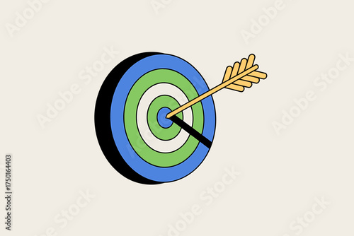 A golden arrow hits the bullseye of a colorful dartboard achieving perfect aim and accuracy