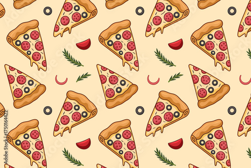 Fun cartoon pizza slices and toppings seamless pattern for food lovers delight