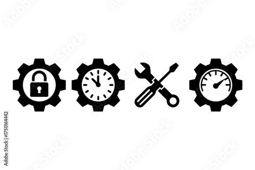 Four black and white icons representing maintenance security time tools and performance