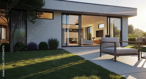 Wallpaper Mural Modern House Patio Exterior with Sliding Doors Outdoor Furniture Lawn and Sunset Lighting Over Greenery Torontodigital.ca