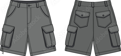 Cargo, shorts, front, back, view, dark, gray, vector, CAD, drawing, pockets, flaps, belt, loops, button, closure, stitching, fashion, clothing, apparel, illustration, design
