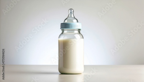 Baby bottle filled with milk on white background