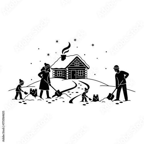 Enjoying winter outdoors vector art of family shoveling snow in front of a cabin