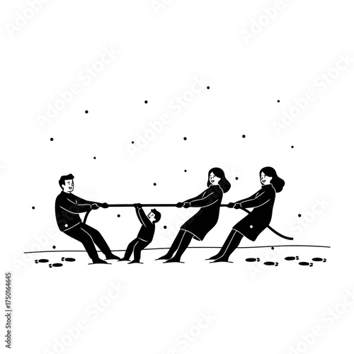 Enjoying winter outdoors vector art of family playing tug of war with child