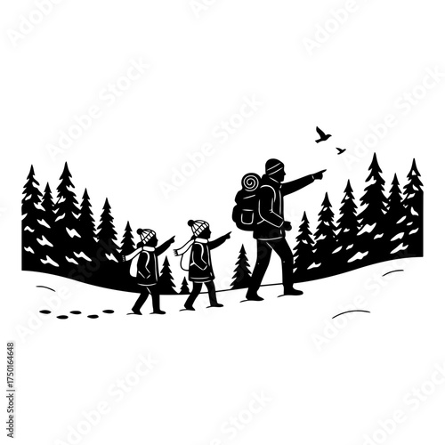 Enjoying winter outdoors vector art of father and children hiking in forest