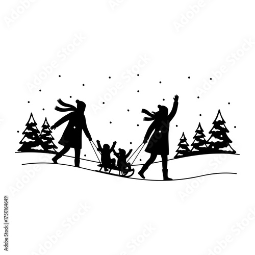Enjoying winter outdoors vector art of parents pulling children on sled in snowy winter landscape
