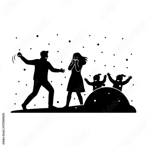 Enjoying winter outdoors vector art of family having a snowball fight in winter time