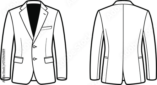 Blazer, front, back, view, men, fashion, vector, CAD, drawing, lapel, buttons, pockets, vents, seams, tailoring, clothing, apparel, illustration, design, formal, structure, classic