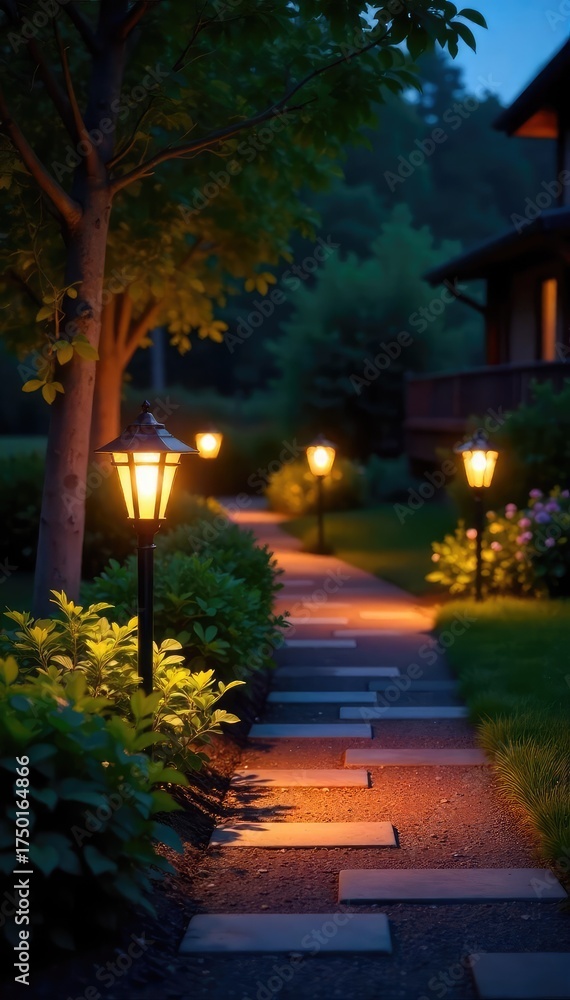 Fototapeta premium Warm, inviting glow from stylish outdoor pathway lights illuminating a garden path at night Perfect for landscaping, home improvement, and design projects , landscape design, residential lighting